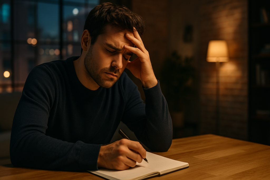 In a warmly lit apartment, a man in a navy sweater writes in a notebook while appearing visibly overwhelmed. This scene reflects how dopamine attention deficit disorder can lead to mental fatigue and difficulty concentrating during tasks.