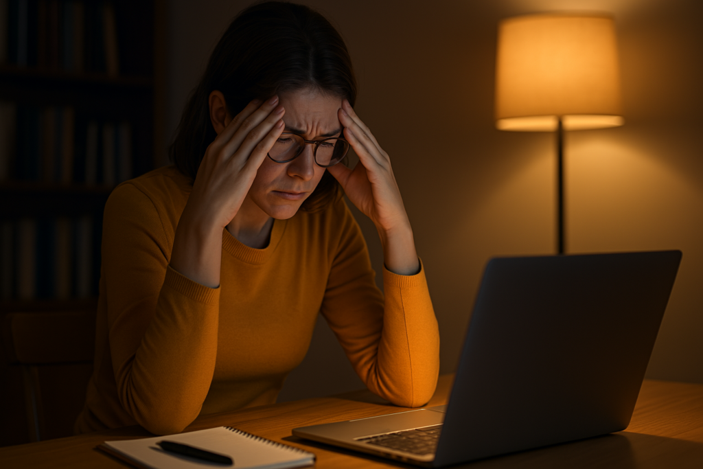 A woman in glasses and a yellow sweater sits at her laptop, pressing her fingers to her temples in frustration. Warm indoor ambient lighting sets the tone as she struggles with symptoms related to ADHD dopamine imbalance and emotional regulation.