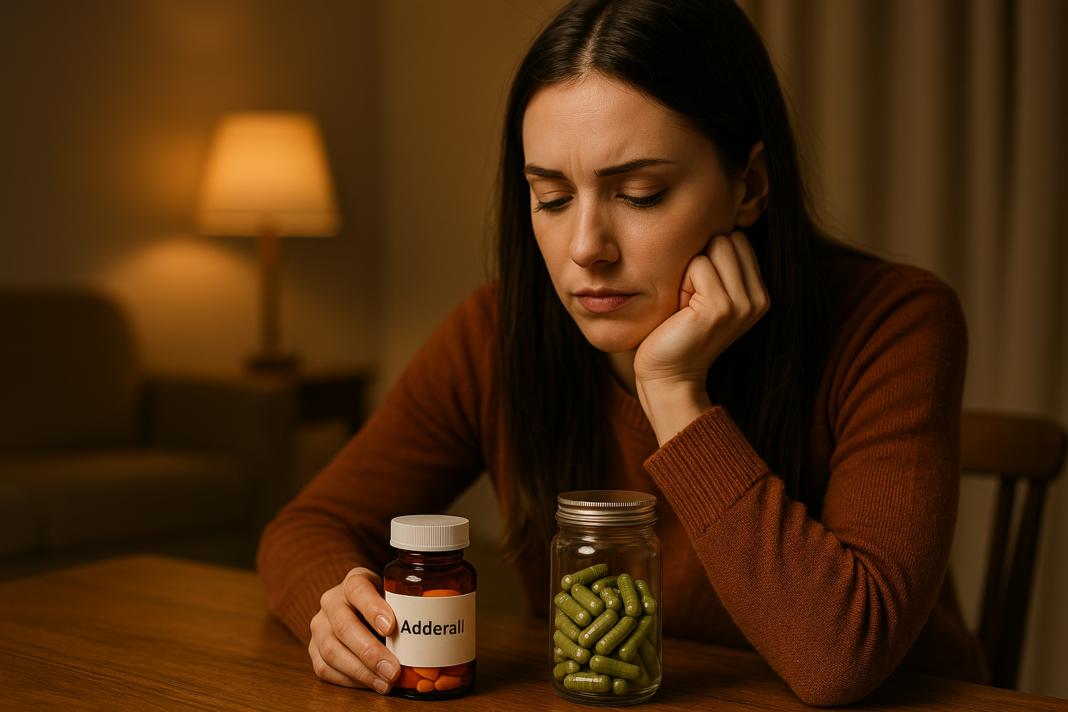 A young woman in a burnt orange sweater sits indoors at a wooden table under warm ambient lighting, thoughtfully comparing an Adderall bottle and a jar of nootropic capsules. The scene reflects the personal decision between prescription ADHD medication and natural cognitive enhancement supplements.