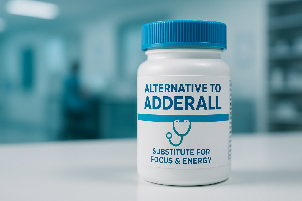 A close-up of a white prescription bottle labeled "Alternative to Adderall" sits on a sterile countertop under cool clinical lighting. The setting underscores professional options for medical substitutes to Adderall that support focus and mental energy.