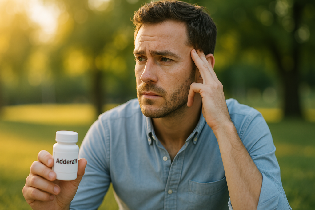 A young man sits alone in a sunlit park holding a bottle labeled "Adderall," his expression contemplative as morning light filters through surrounding trees. This photorealistic image visually explores how Adderall helps ADHD by symbolizing the decision-making process around treatment.