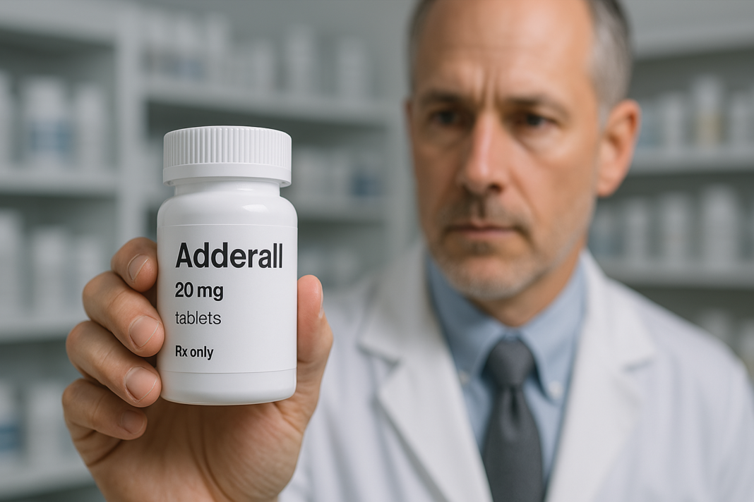 A male pharmacist in a brightly lit pharmacy holds a white Adderall bottle toward the camera, with the label clearly visible while his face remains slightly blurred. This image captures a clinical setting, symbolizing the pharmaceutical foundation of Adderall ADHD treatment and its role in adult attention care.