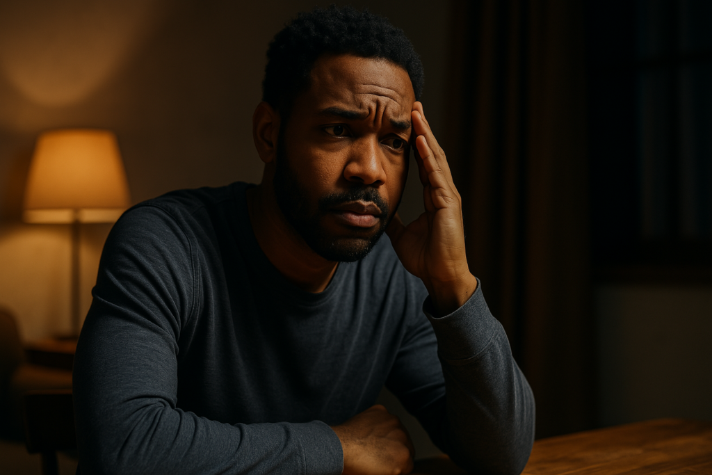 A young Black man sits at a wooden table under moody, warm indoor lighting, resting his head on his hand with a contemplative expression. The dim, ambient glow and dramatic shadows convey the emotional depth of living with ADHD and the mental weight often felt before starting Adderall ADHD treatment.