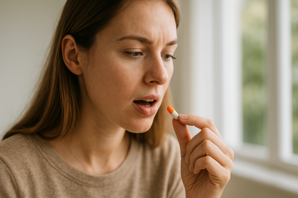 A young woman in soft natural morning light holds an Adderall capsule near her mouth with a focused expression, symbolizing how Adderall helps adults with ADHD improve attention and cognitive function.