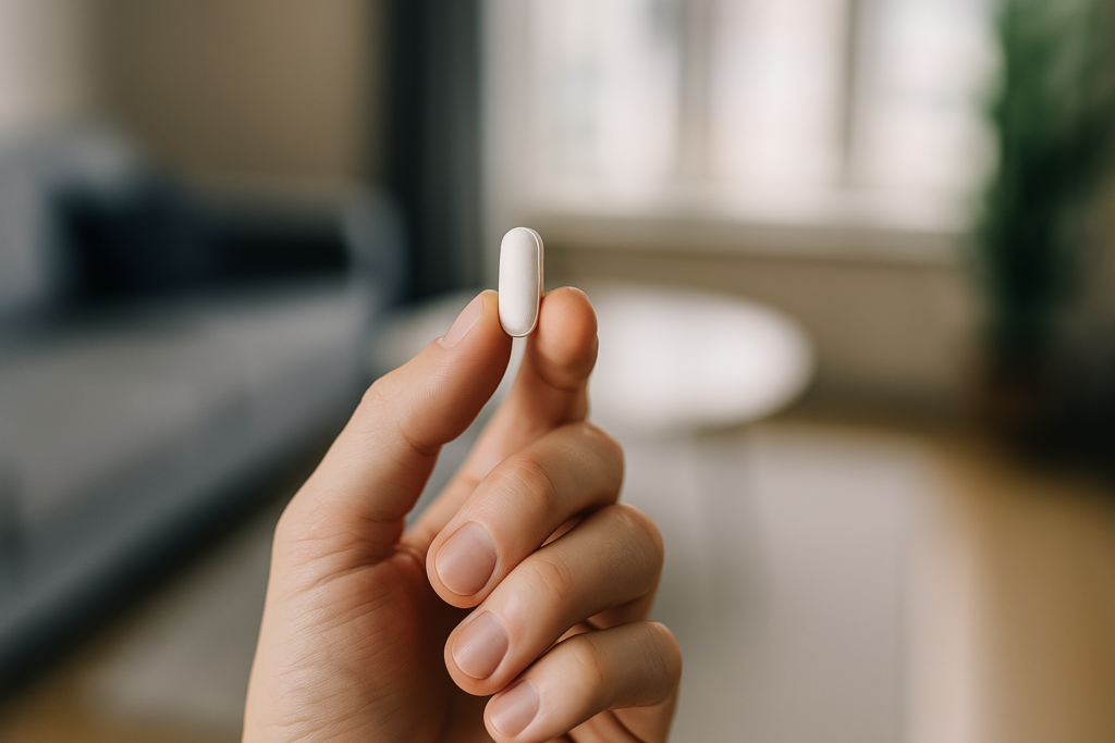 A close-up view of a hand holding a white pill in a bright, modern living room, symbolizing the personal decision-making process behind non-neurodivergent individuals considering focus medications for enhanced mental clarity.