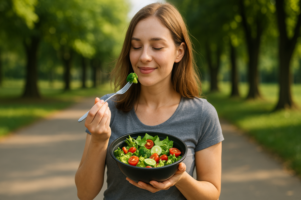 A young woman with light brown hair stands on a peaceful, sunlit path surrounded by greenery, smiling gently while holding a black bowl of vibrant salad. Her content expression and healthy food choice represent the calming, mindful approach to a calorie deficit diet plan for sustainable weight loss and smart nutrition for women.