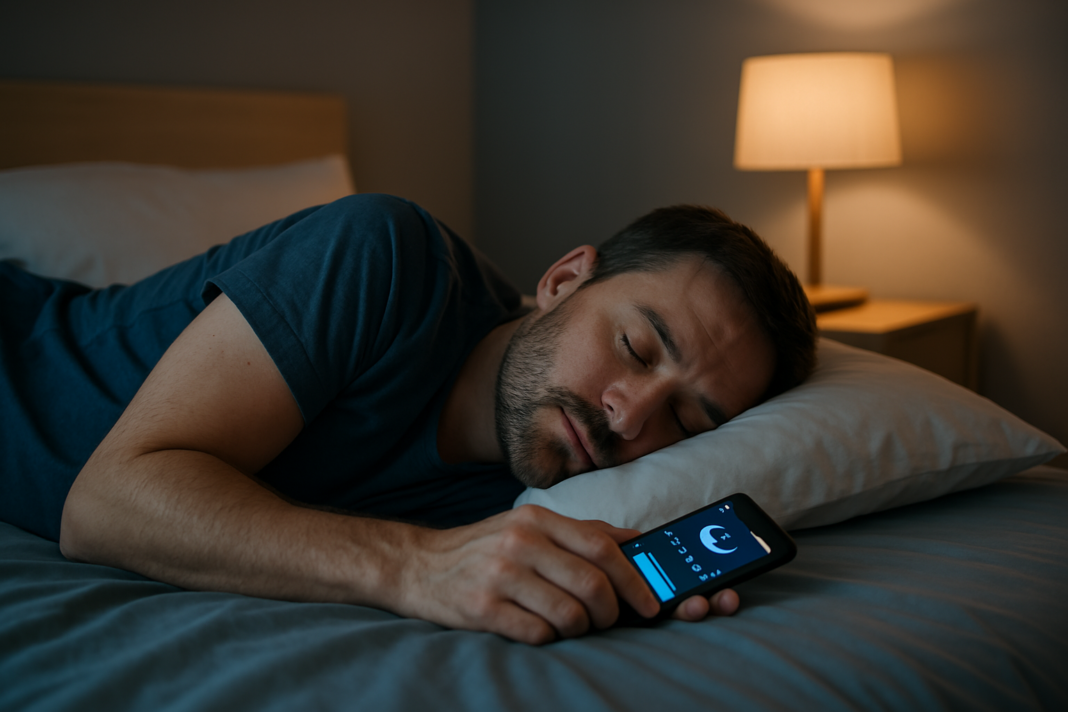 Man peacefully sleeping on his side in a dimly lit bedroom, holding a phone showing a sleep tracker screen, with warm ambient light from a bedside lamp creating a calm atmosphere.