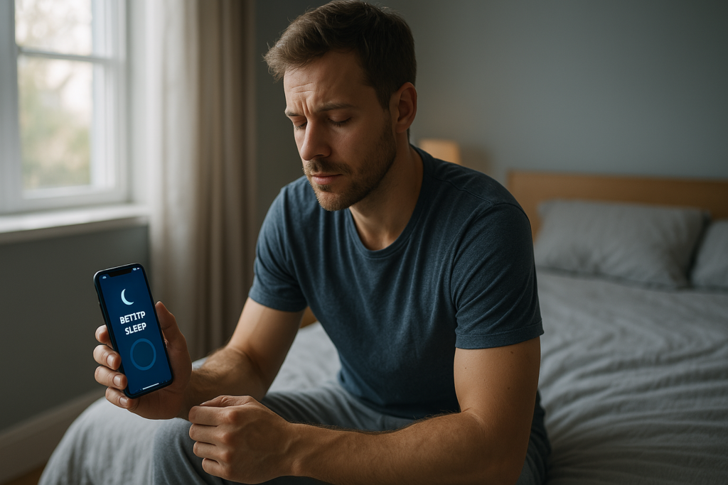 Young man sitting on the edge of a bed in soft morning light, holding a smartphone displaying a sleep tracking app, with a tired expression in a minimal bedroom setting.
