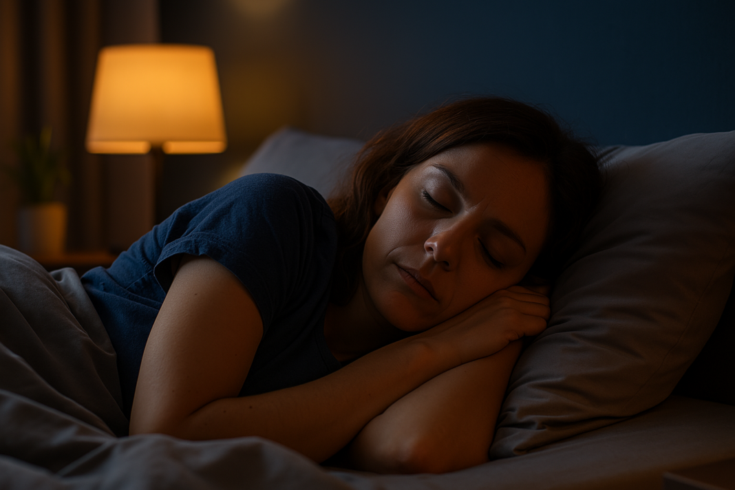 Woman in her 30s peacefully sleeping on her side in a dimly lit bedroom, bathed in soft lamplight, with a serene face framed by wavy chestnut hair and a deep blue accent wall in the background