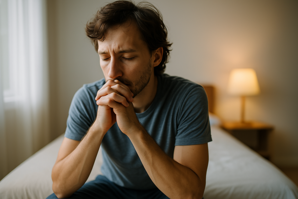Young man sitting on the edge of a bed in soft natural morning light, hands clasped in front of his mouth with a thoughtful expression, surrounded by minimal bedroom decor and a warm bedside lamp.
