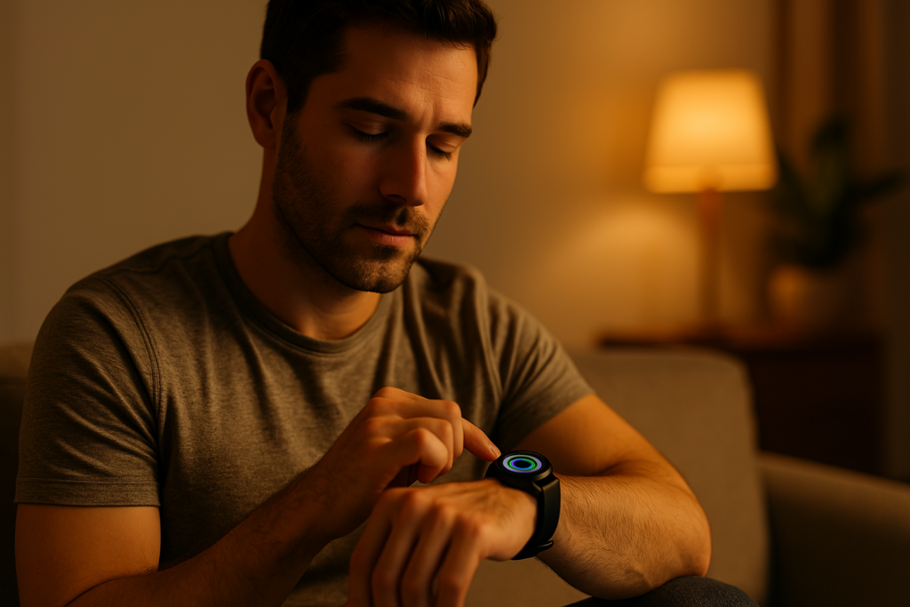 A man sitting on a beige sofa under warm ambient lighting, thoughtfully examining his smartwatch display showing circular sleep metrics.