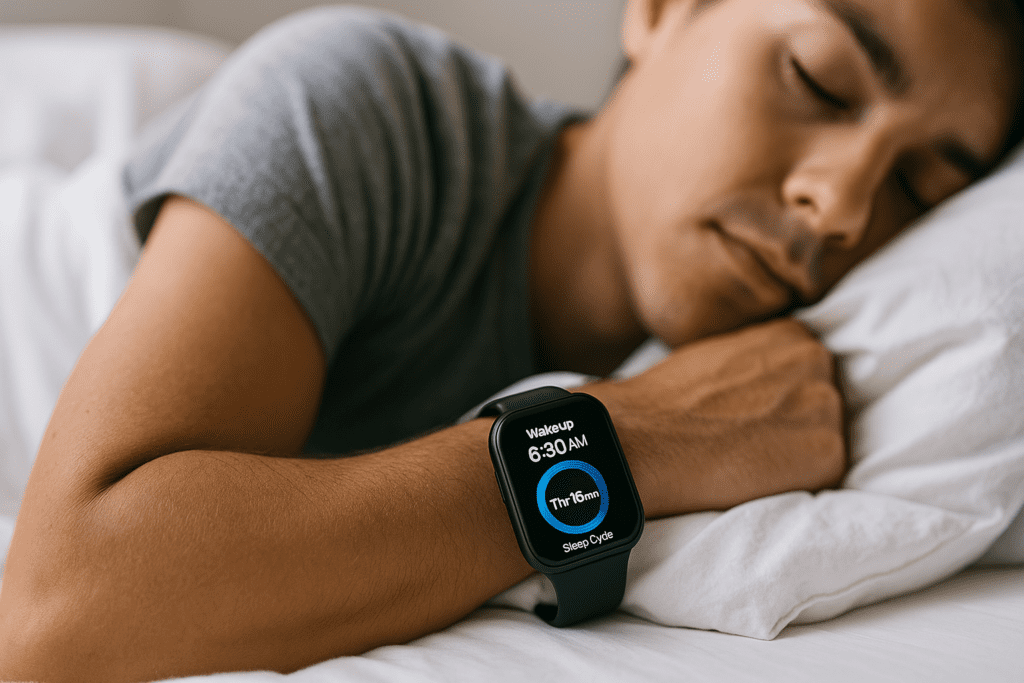 A sleeping person in a gray shirt rests on a white pillow, with a smartwatch on their wrist displaying a 6:30 AM wake-up time and sleep cycle progress.