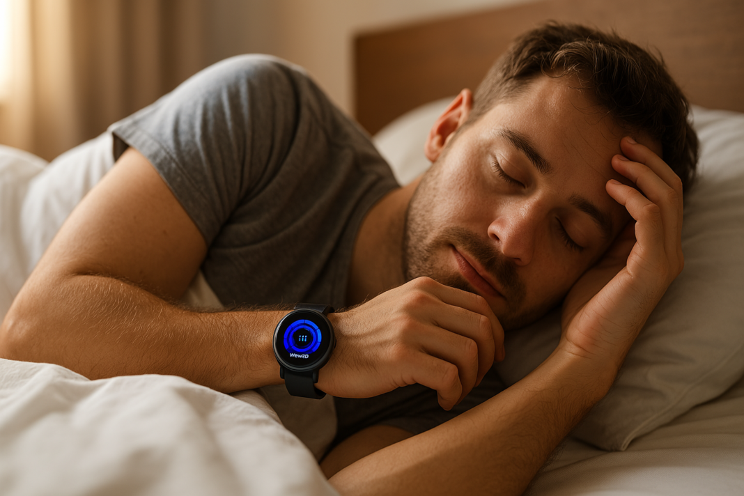 A young man sleeping peacefully on his side, wearing a smartwatch displaying a glowing sleep cycle graph and the time 7:11, bathed in soft natural morning light.
