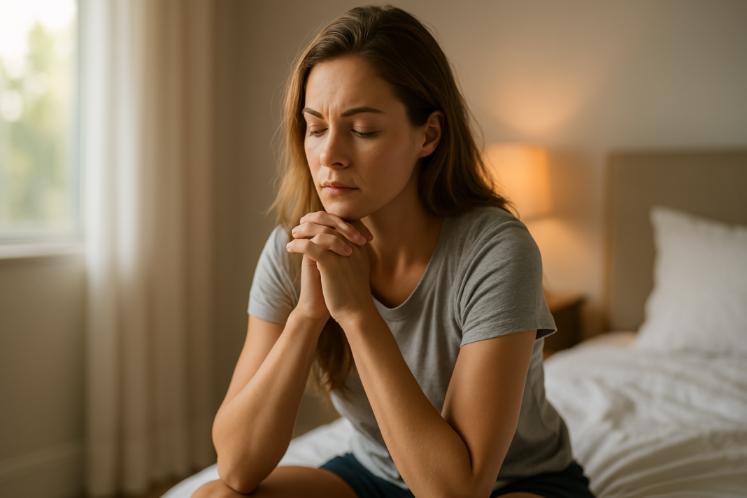 A young woman sits on the edge of a bed in soft morning light with her eyes closed, hands clasped under her chin in quiet reflection, suggesting the emotional depth and mental clarity linked to quality sleep.