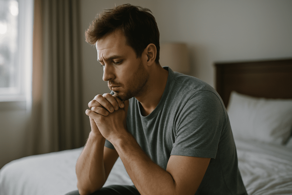 A young man sits on the edge of a bed in a softly lit bedroom, hands clasped in front of his face, appearing deep in thought and emotionally overwhelmed. Morning light filters through a window, casting a calm atmosphere over the minimal, neutral-toned room.