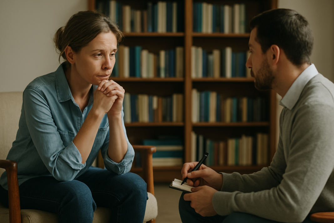 A man in a blue sweater sits attentively in a warmly lit room during a therapy session, his expression serious and engaged. A blurred figure in the foreground, likely a therapist, adds context to the counseling environment.