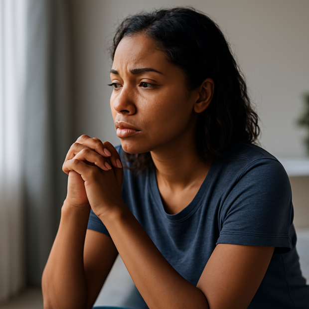A young woman with a pensive expression gazes out of a softly lit window, seated calmly with her hands clasped, in a serene indoor setting that reflects the internal experience of aligning with the natural human sleep cycle.