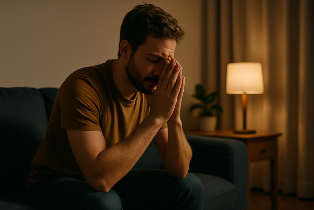 A man sits on a dark sofa in a dimly lit living room at night, resting his face in his clasped hands with eyes closed, softly illuminated by a nearby table lamp to convey an emotional state of late-night contemplation.