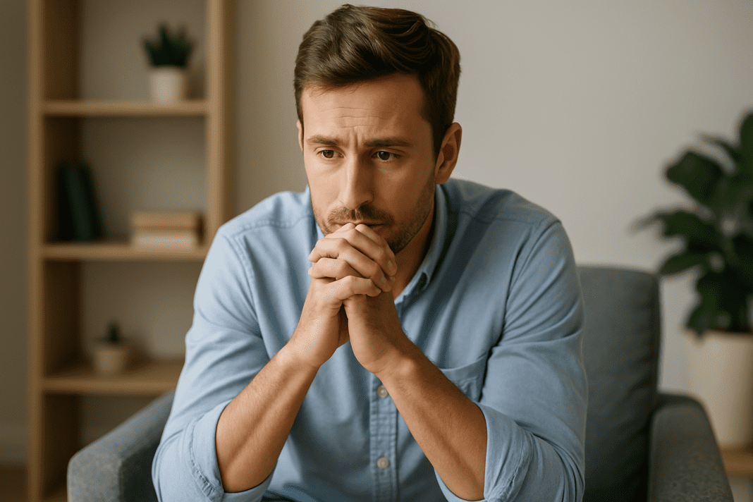 A man in a light blue shirt sits in a minimalist room, hands resting under his chin as he gazes downward, capturing a moment of quiet introspection in an environment that suggests mental focus and circadian balance.