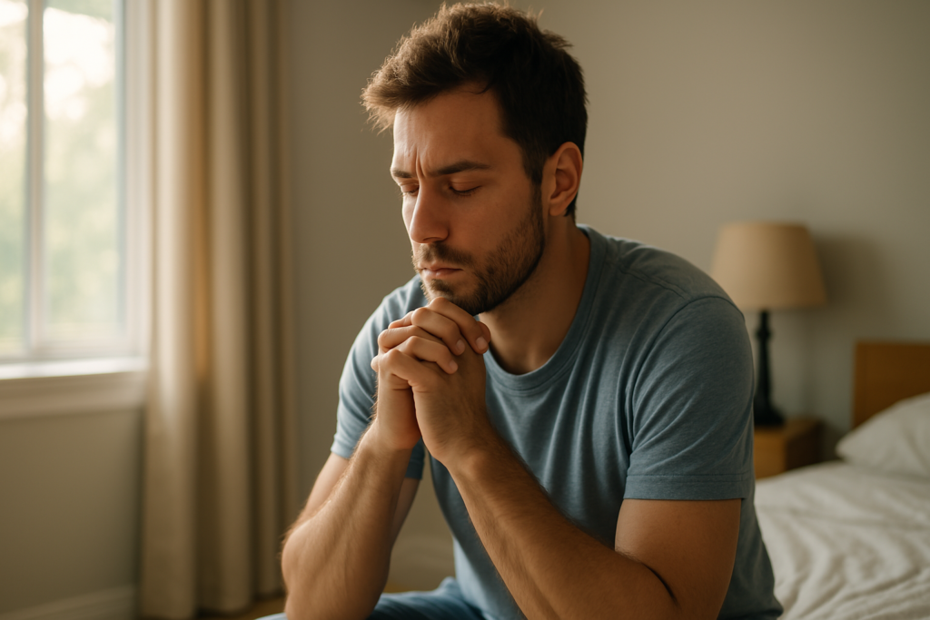 A young man sits on the edge of a bed in soft morning light, hands clasped and eyes closed in thoughtful reflection, surrounded by a calm, neutral-toned bedroom that evokes the natural rhythm of the sleep wake cycle.