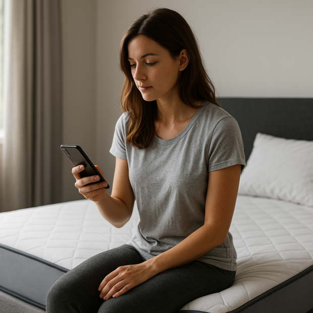 A young woman with chestnut hair sits calmly on the edge of a mattress, gazing thoughtfully at a smartphone in her hand while morning light filters through a nearby window. The clean, modern bedroom environment highlights how users interact with data from a sleep tracker mattress in a non intrusive way.