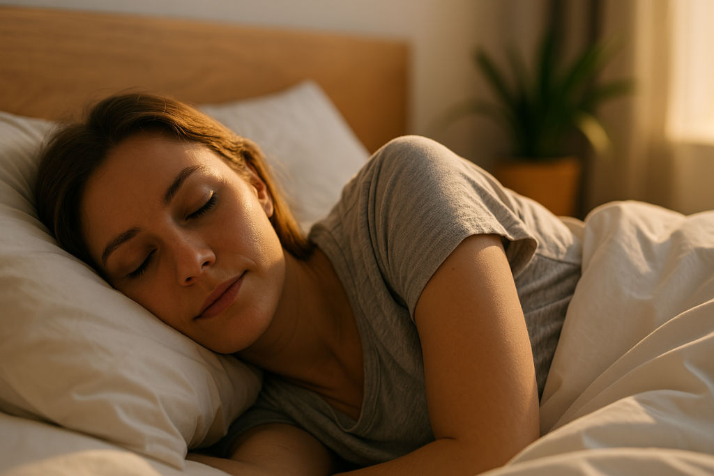 A young woman with fair skin rests comfortably under a white duvet in a warmly lit bedroom, her relaxed expression framed by morning sunlight and a wooden headboard. The peaceful atmosphere underscores the benefits of restful sleep made possible by a tracker bed without the need for wearable devices.