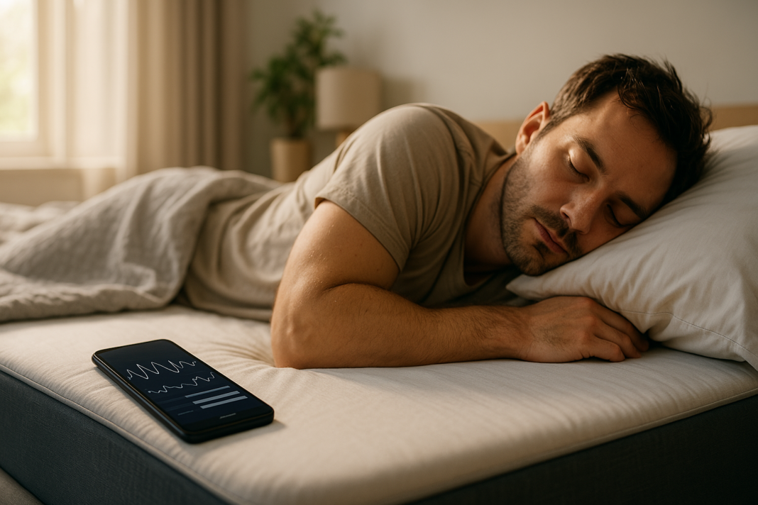 A light-skinned man in his early thirties sleeps peacefully on a modern mattress with a smartphone placed beside him showing sleep data, illuminated by soft natural morning light. The sleep tracker mattress and minimalist bedroom setting reflect a calm, tech-assisted approach to sleep optimization using a non wearable sleep tracker.