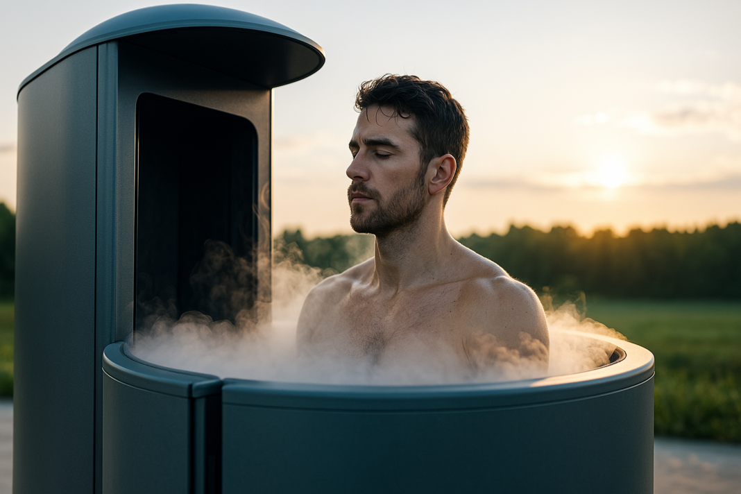 A photorealistic image of a man standing in a cryotherapy tank outdoors at sunrise, eyes closed as cold vapor swirls around him. The serene natural backdrop highlights the benefits of a cryogenic therapy chamber for peak recovery and performance enhancement in a tranquil setting.