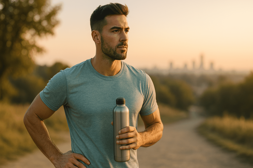  A fit young man stands on a dirt trail overlooking a distant city skyline at sunrise, holding a stainless steel water bottle. The soft natural morning light bathes the scene in warm golden tones, symbolizing early-day recovery and biohacking motivation linked to cryotherapy in San Antonio.