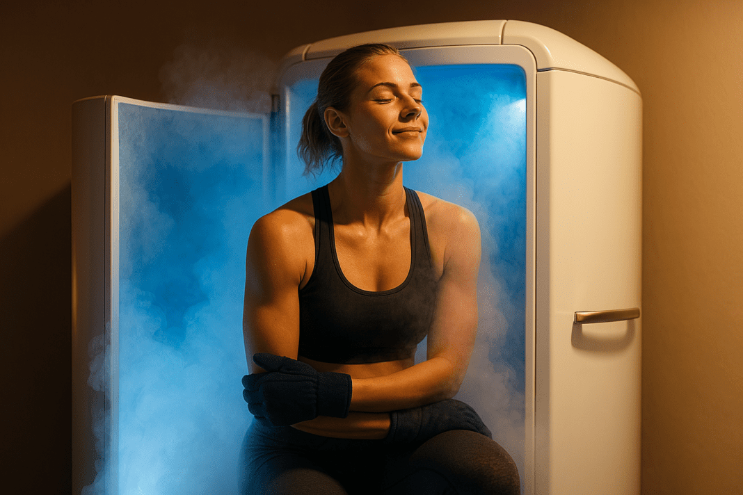A young woman sits calmly inside a cryotherapy chamber surrounded by cool blue vapor, bathed in warm ambient indoor lighting. The scene evokes the restorative atmosphere of cryotherapy in San Antonio, emphasizing recovery and inner peace within a biohacking wellness setting.