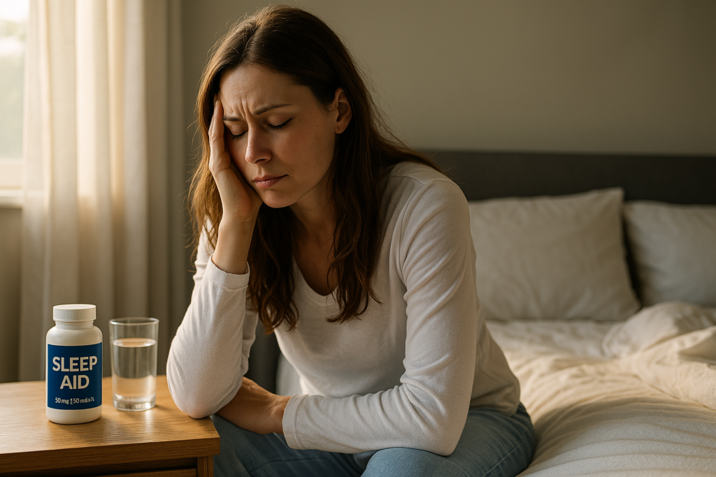 A Caucasian woman in her early 30s rests peacefully on a neatly made bed, bathed in soft natural morning light with a sleep supplement bottle visible on her bedside table. The clean, calming scene reflects the use of safe over-the-counter sleep aids and highlights restful recovery without prescription medications.