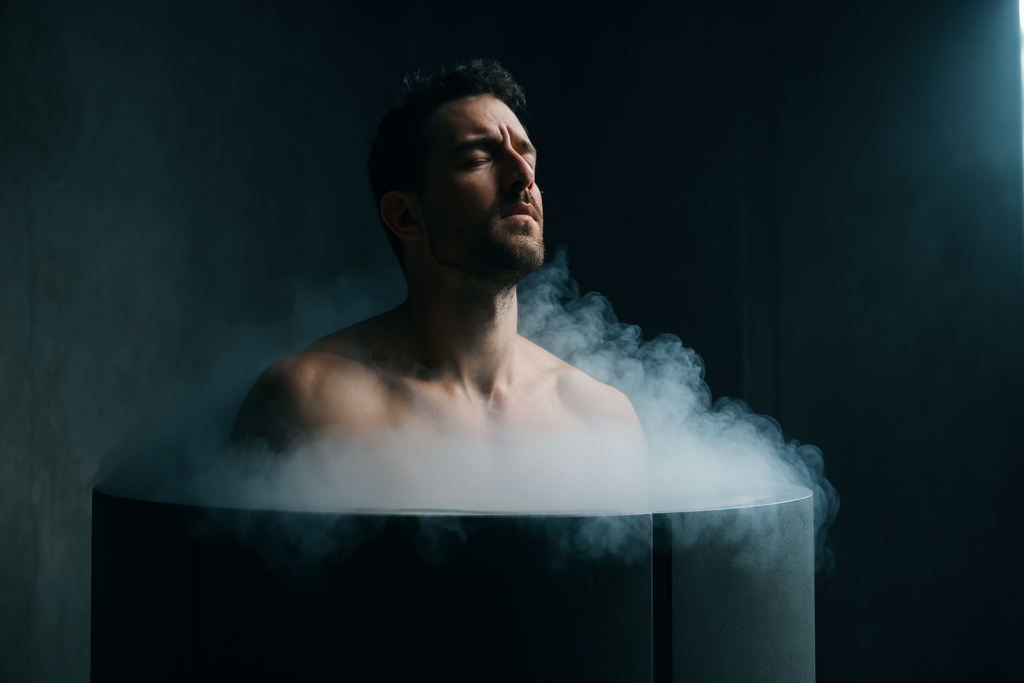 A man in his 30s stands immersed in a cryotherapy chamber, eyes closed and muscles relaxed, enveloped in white vapor under dramatic moody lighting. The cool tones and shadowed background reflect the intense, focused environment typical of advanced cryotherapy sessions in San Antonio.