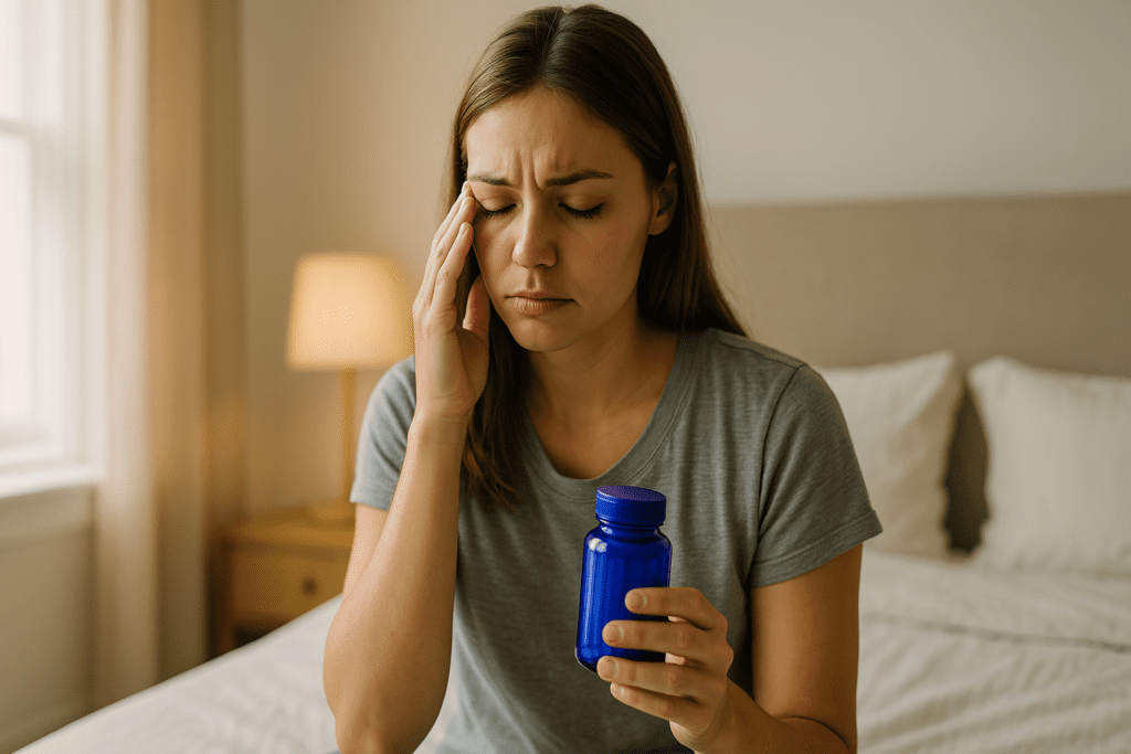 A young Caucasian woman sits on the edge of a bed in a softly lit bedroom, wearing a gray T-shirt and holding a blue bottle of pills in one hand while rubbing her temple with the other. Morning sunlight filters through the window, highlighting her fatigued expression, symbolizing the emotional impact of sleeplessness and the consideration of over the counter sleep aids.
