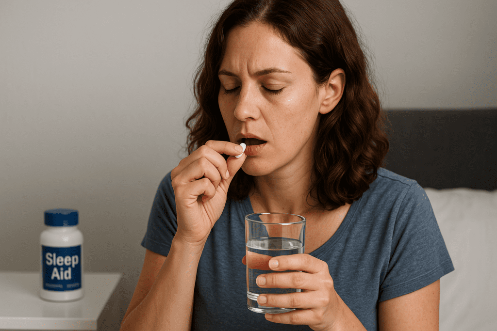 In a quiet bedroom scene with warm ambient lighting, a woman in her 30s holds a sleep aid bottle while touching her temple with a tense expression, suggesting exhaustion and indecision. A bedside lamp glows behind her, reinforcing the theme of evaluating the best over the counter sleep medication for insomnia relief.