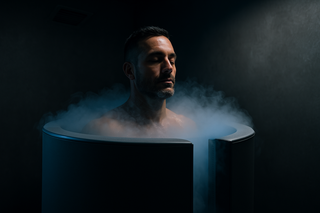 A man in his late 30s stands calmly inside a cryotherapy chamber, enveloped in a cool mist with his eyes closed, under moody blue lighting in a dark, minimalist room. The serene intensity of the setting reflects the focused, meditative aspect of human optimization through cryotherapy in San Antonio.