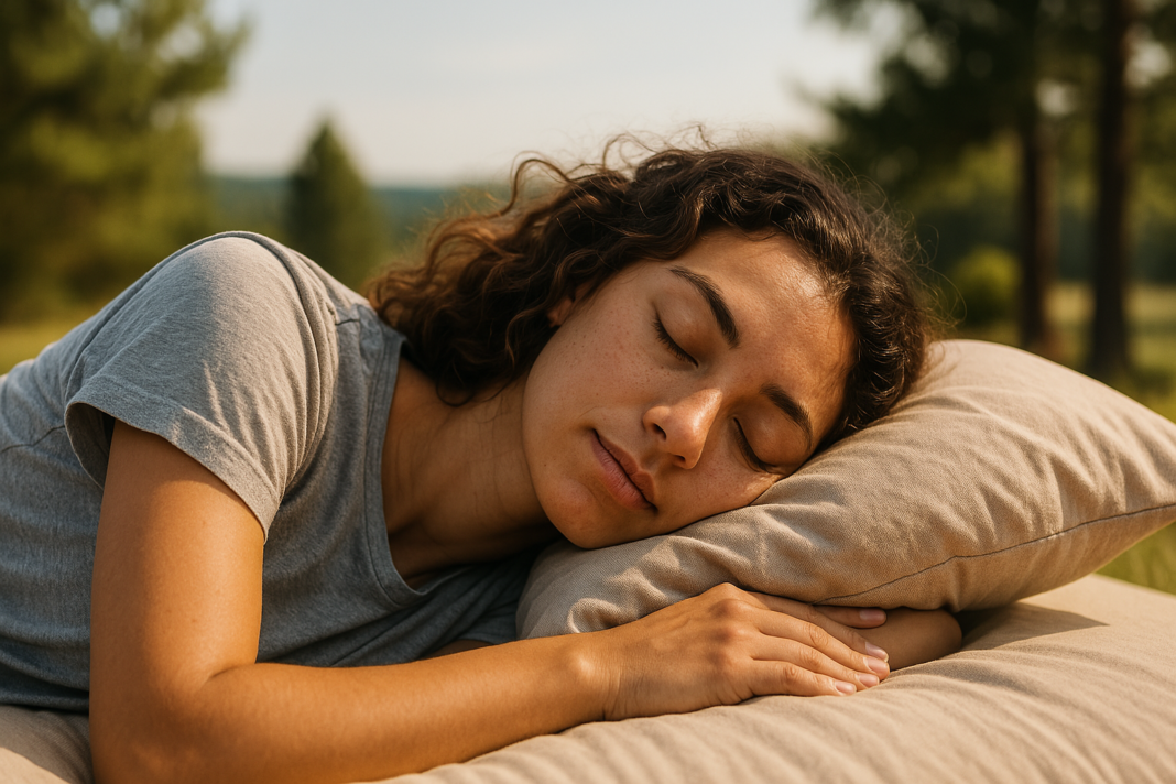 A young woman with curly hair sleeps peacefully on a pillow outdoors under soft natural morning light, surrounded by trees and nature. The calm, photorealistic setting illustrates the theme of sleeping during the day and being awake at night with a focus on relaxation and circadian rhythm.
