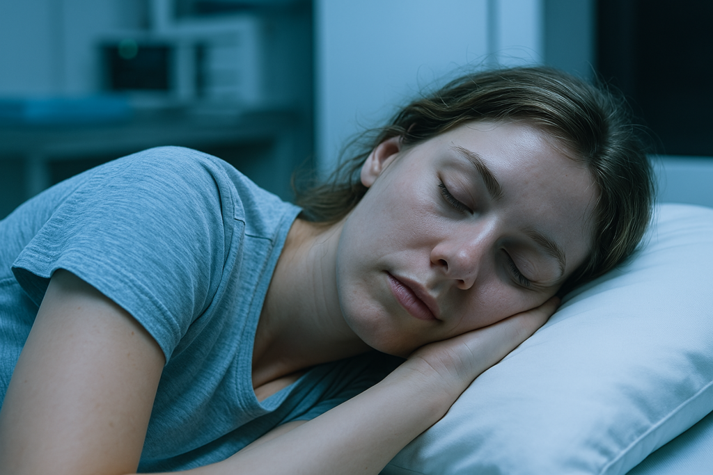 A young woman rests on a pillow in a softly lit clinical room, illuminated by cool blue lighting. The sterile setting visually supports the theme of sleeping during the day and being awake at night, emphasizing circadian rhythm research and neurological factors.