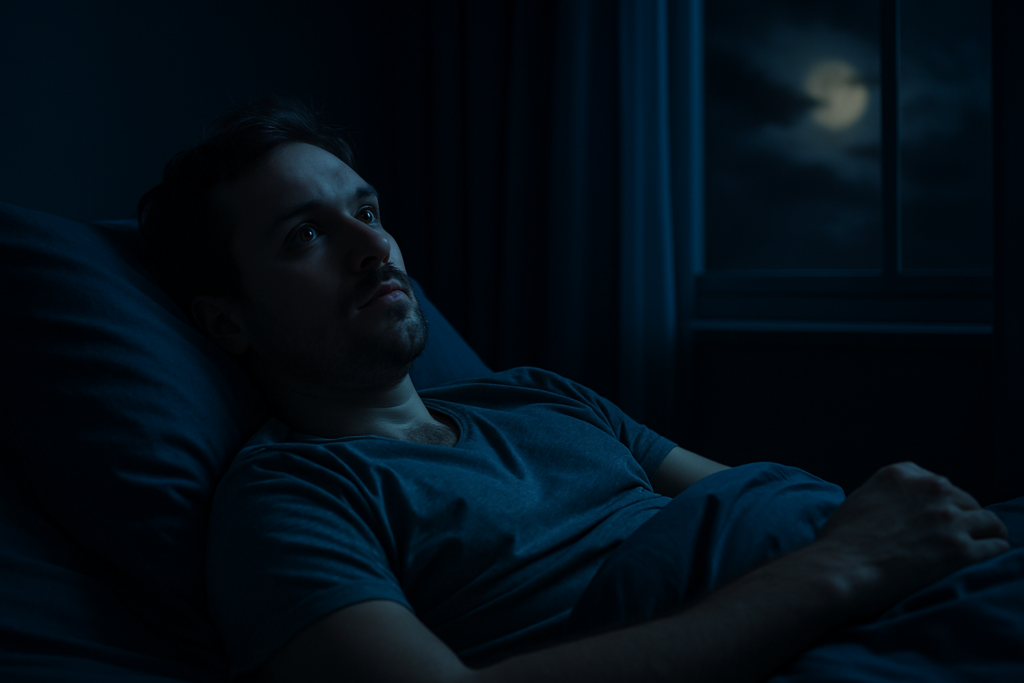 A light-skinned young man lies awake in bed under moody nighttime lighting, staring toward the ceiling as the moonlight streams in through a nearby window. The dramatic shadows and contemplative expression depict the experience of being awake during sleep hours, reinforcing the article’s exploration of reversed circadian rhythms.