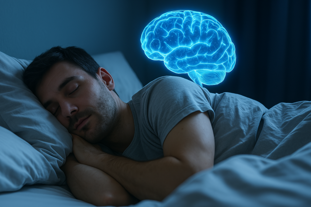 A focused scene shows a light-skinned man examining a sleep supplement bottle under cool clinical lighting in a minimal, modern bedroom. The sterile tone underscores the scientific inquiry into what chemical makes you sleepy and how brain chemistry governs healthy sleep cycles.