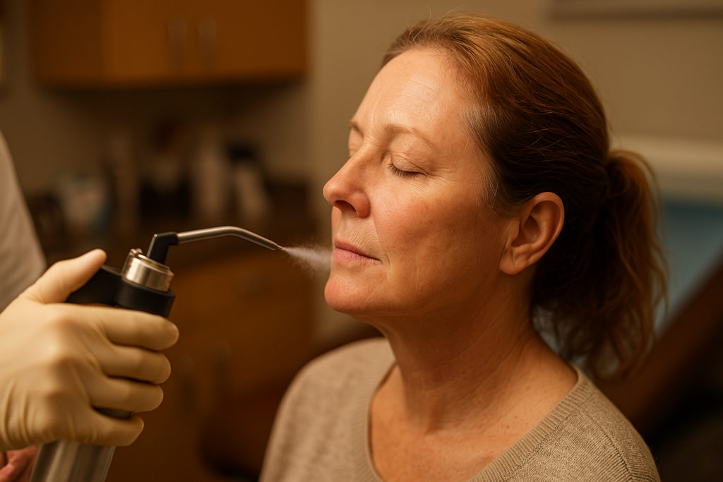 A woman in her 50s sits calmly in a warmly lit exam room as she receives cryosurgery for skin cancer on her cheek, with visible frost emanating from the treatment area; the setting conveys a peaceful, indoor environment focused on freezing precancerous cells on the face.
