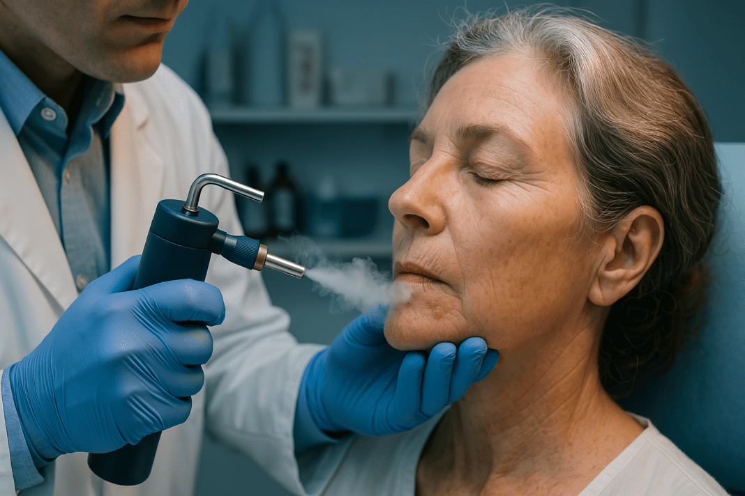 A doctor in a white coat uses a cryosurgery device to freeze a precancerous lesion on an older woman's face in a clinical setting; the cool ambient lighting and focused composition reflect the precision and professionalism involved in freezing skin cancer as part of early medical intervention.