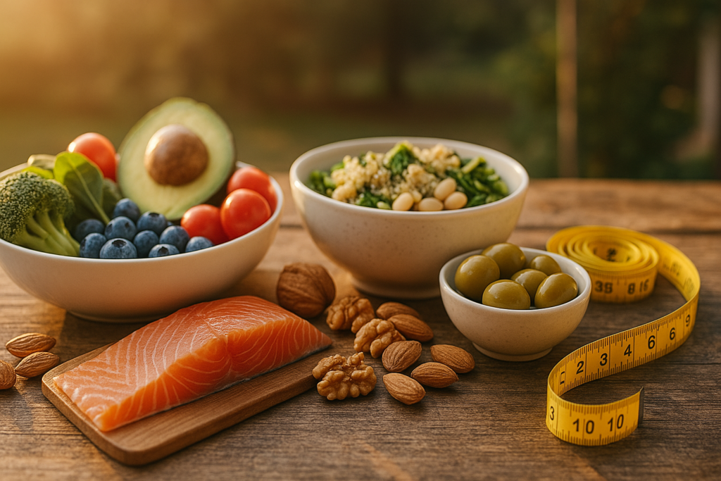 A rustic table displays an array of colorful whole foods—salmon, nuts, olives, avocado, and quinoa salad—alongside a yellow measuring tape under warm sunset lighting. This setup symbolizes the balance of nutrients and calorie awareness central to the MIND diet's role in supporting brain function and healthy eating habits.