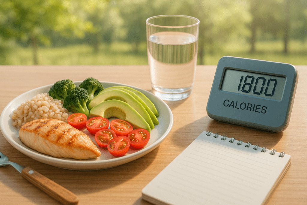 A clean plate of grilled chicken, avocado, broccoli, tomatoes, and brown rice sits next to a digital calorie counter showing 1800, under soft natural morning light. This image emphasizes portion control, brain-supportive nutrition, and the calorie balance promoted by a structured MIND diet meal plan.