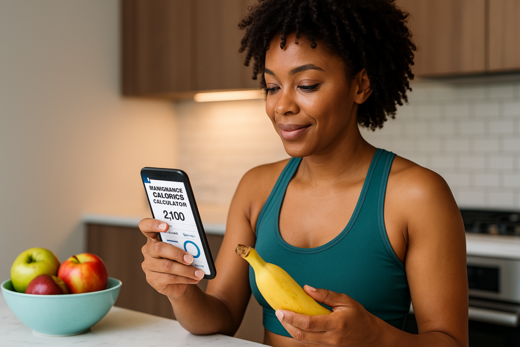 A fit African American woman in a modern kitchen uses a maintenance calories calculator on her smartphone while holding a banana. The warm ambient lighting and bowl of fresh fruit reflect a healthy lifestyle focused on personalized calorie tracking and smart dietary choices.
