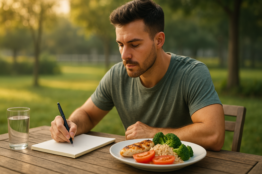 A young man sits outdoors at a rustic wooden table in soft natural light, writing in a notebook next to a meal of grilled chicken, brown rice, and vegetables. This image reflects mindful planning of a macro eating plan with a focus on balanced nutrition and goal tracking.
