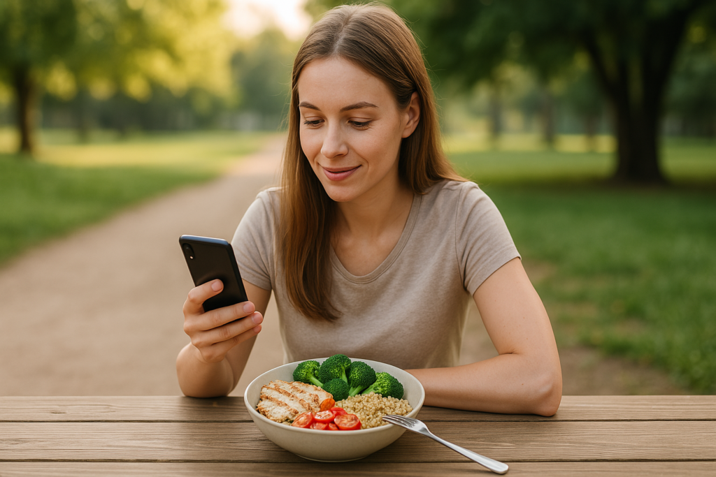 A young woman in a light T-shirt enjoys her healthy macro-based lunch while checking her phone, with soft golden lighting and green surroundings enhancing the peaceful atmosphere. The setting conveys how a diet plan with macros can fit seamlessly into everyday life.
