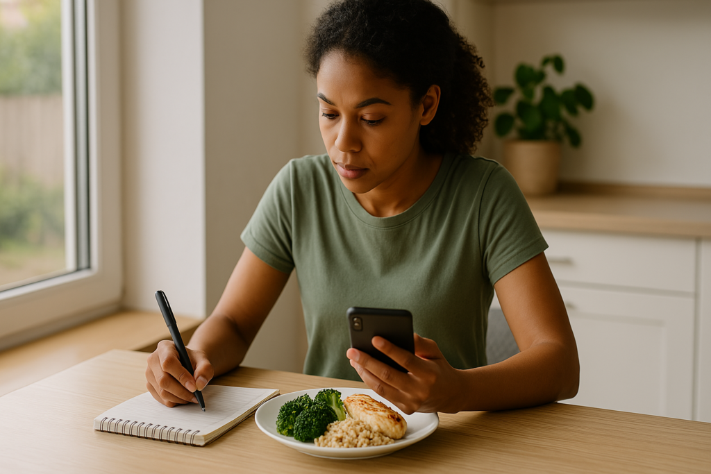 Inside a modern kitchen, a young African-American woman uses her smartphone while writing in a notebook beside a macro-balanced meal. Warm indoor light highlights her focused expression, emphasizing the thoughtful preparation involved in a personalized macro eating plan.