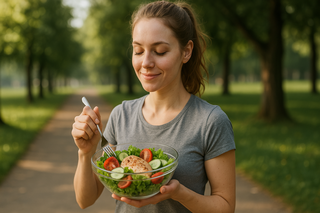 A young woman with light brown hair enjoys a fresh salad outdoors on a tree-lined path, bathed in soft natural morning light. Her peaceful expression and healthy meal reflect the principles of a calorie deficit diet plan designed for sustainable weight loss and smart nutrition for women.