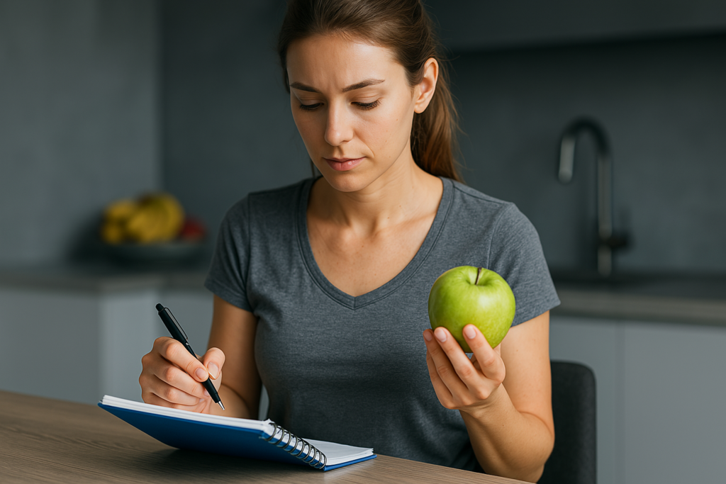A focused woman sits in a cool-toned modern kitchen, holding a green apple and writing in a notepad while planning her calorie deficit diet. The minimalist environment and natural lighting emphasize mindful eating and smart nutrition strategies for women aiming for sustainable weight loss.