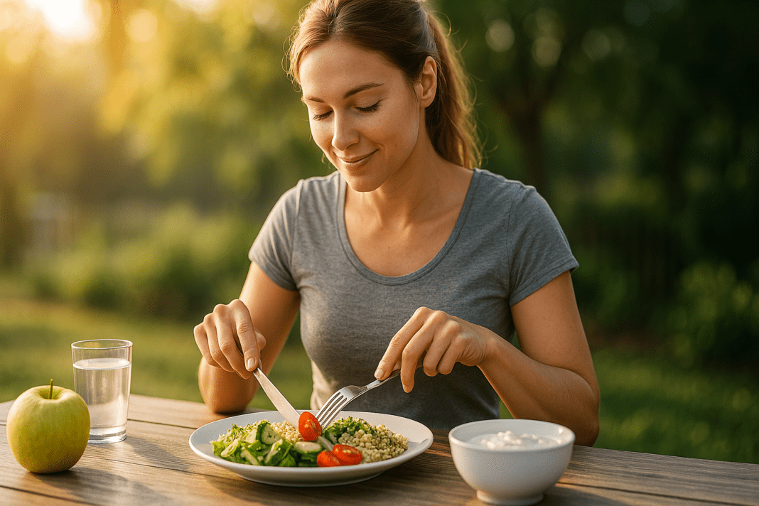 A young woman eats a fresh, balanced breakfast outdoors in soft morning light, slicing cherry tomatoes beside a glass of water, apple, and leafy salad. The serene setting reflects the theme of smart nutrition choices in a calorie deficit diet plan for women.